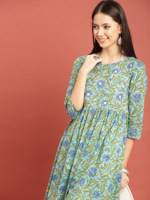 

Taavi Women Green & Blue Bagru Hand Block Print A-Line Sustainable Kurta with Gathers & Mirror Work