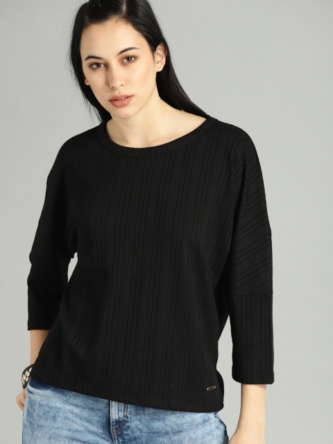 

Roadster Women Black Self Striped Boxy Top