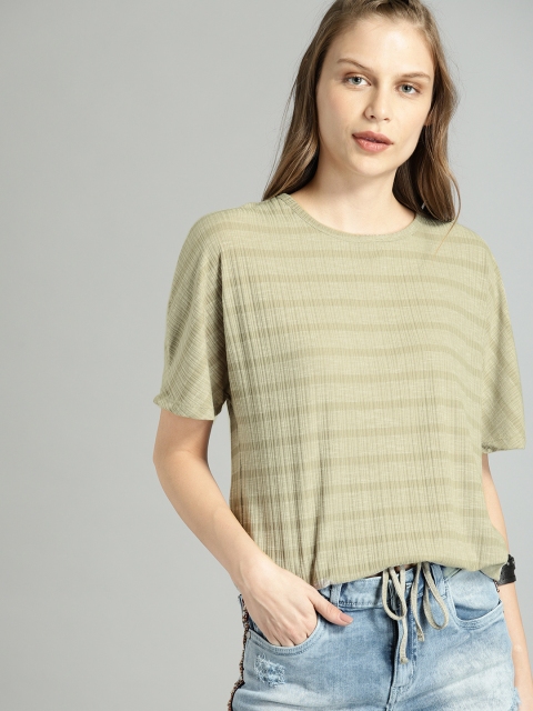 

Roadster Women Olive Green Striped Top