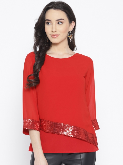 

Cottinfab Women Red Solid Layered Top with Embellished Detail