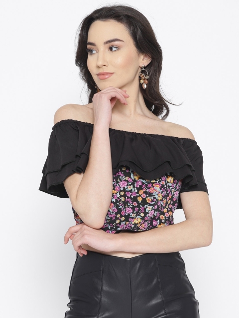 

Cottinfab Women Black Printed Layered Bardot Top