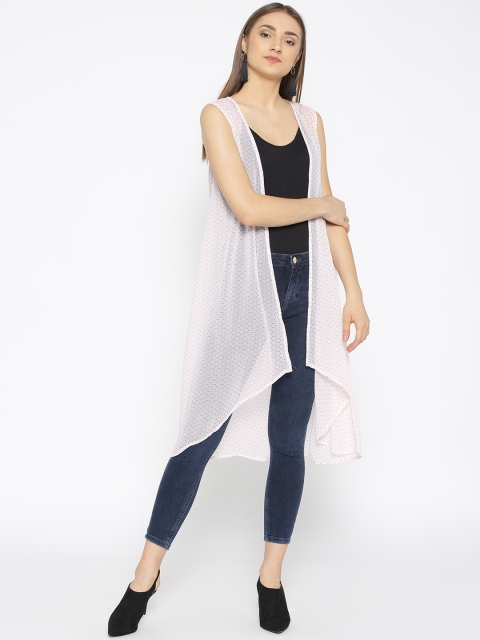 

Cottinfab Women Pink & Grey Printed Longline Open Front Shrug