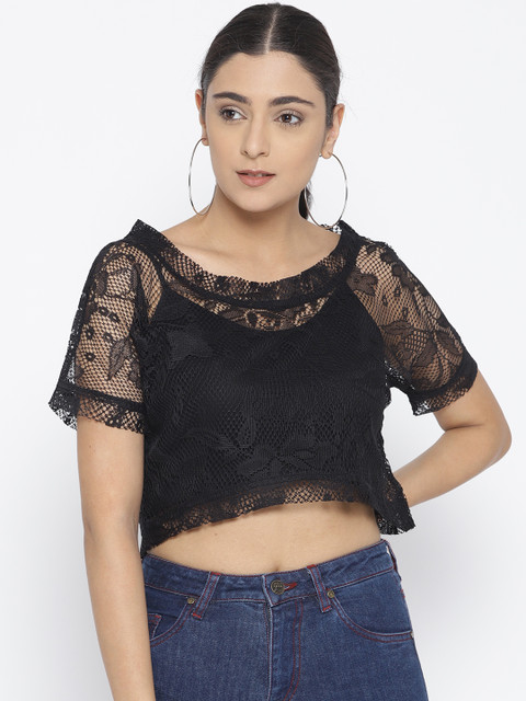 

Cottinfab Women Black Self Design Top