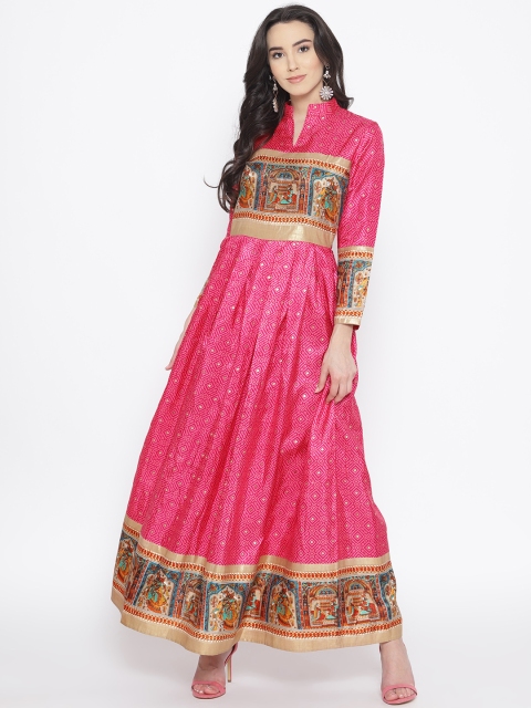 

Cottinfab Women Pink & Golden Printed Maxi Dress