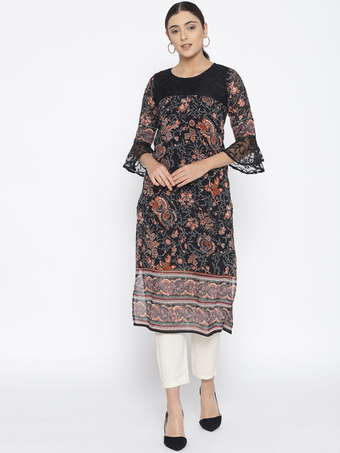 

Cottinfab Women Black & Orange Printed Straight Kurta