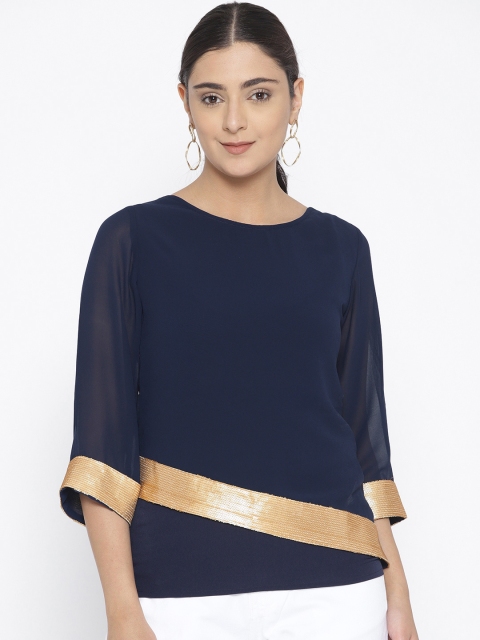 

Cottinfab Women Navy Blue Solid Layered Top with Embellished Detail