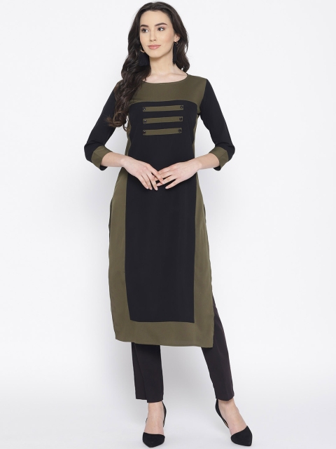 

Cottinfab Women Olive Green & Black Colourblocked Straight Kurta