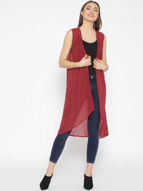 

Cottinfab Red & White Printed Longline Open Front Shrug