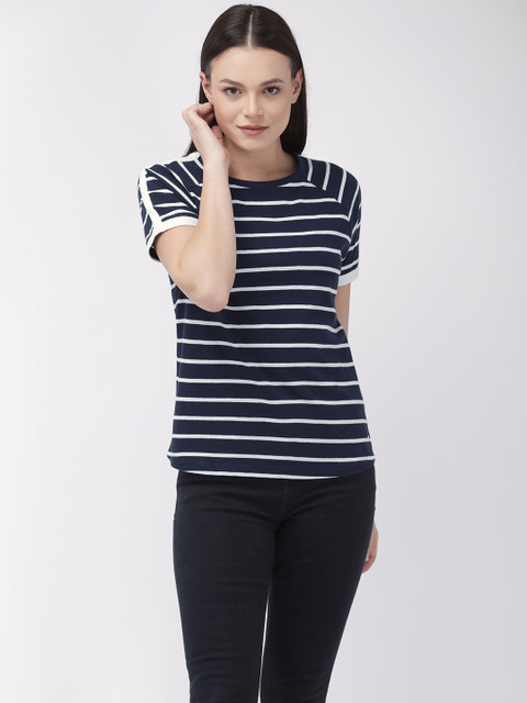 

Flying Machine Women Navy Blue & White Striped Round Neck T-shirt