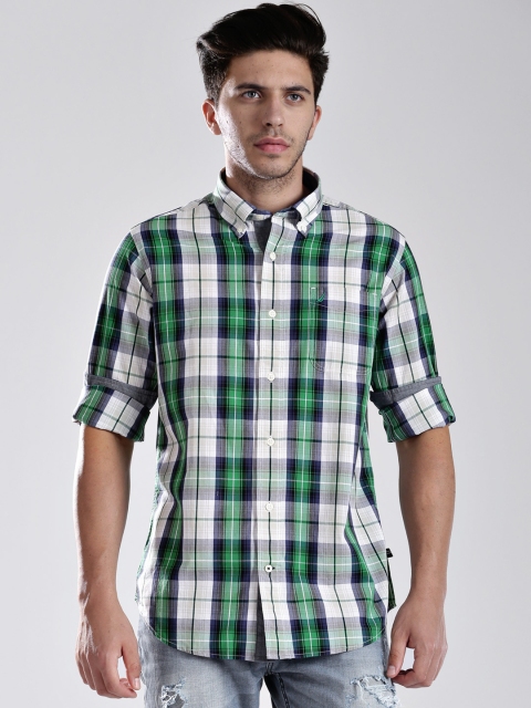 

Nautica Off-White & Green Checked Slim Fit Casual Shirt