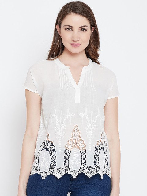 

I AM FOR YOU Women Off-White Semi-Sheer Embroidered Pure Cotton Top