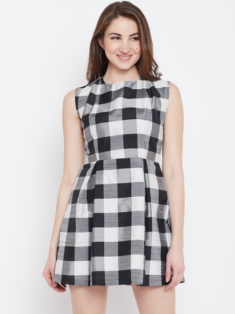 

I AM FOR YOU Women Black & White Checked Mini Fit & Flare Dress