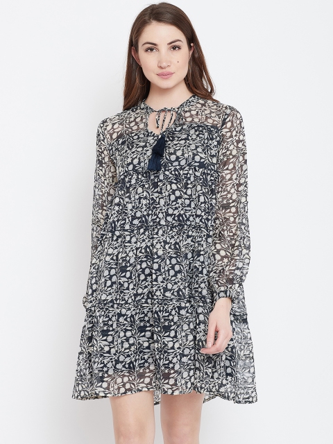 

I AM FOR YOU Women Navy Blue & Off-White Printed A-Line Dress