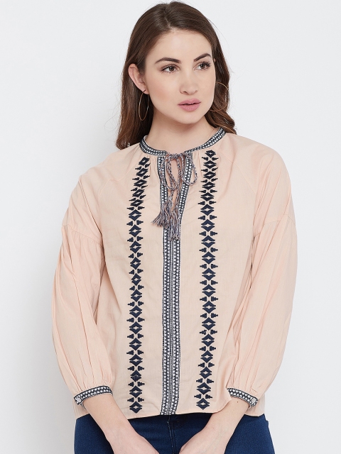 

I AM FOR YOU Women Beige & Navy Blue Solid Pure Cotton Top