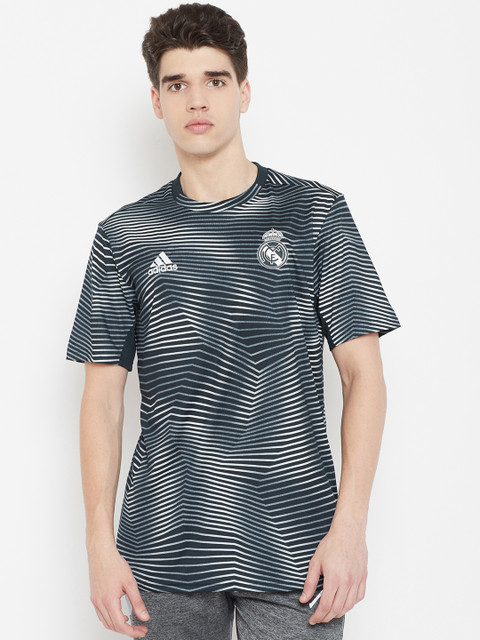 

ADIDAS Men Teal Green & White Striped Real Madrid Pre-Match T-Shirt
