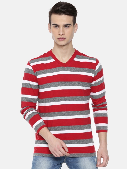 

ARISE Men Red S& Grey Melange striped V-Neck T-shirt