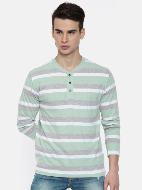 

ARISE Men Green & Grey Melange Striped Henley Neck T-shirt