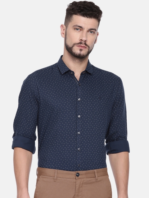 

V Dot Men Navy Blue Slim Fit Printed Smart Casual Shirt