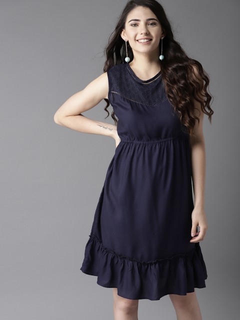 

HERE&NOW Women Navy Blue Solid A-Line Dress