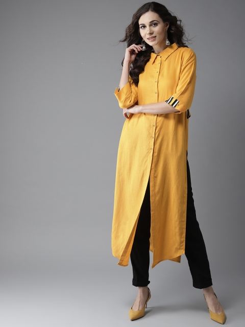 

Moda Rapido Women Mustard Yellow High-Slit Solid Straight Kurta