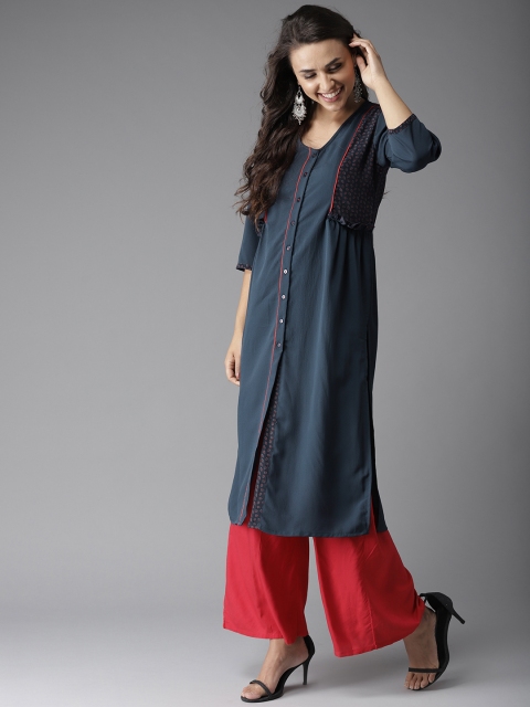 

Moda Rapido Women Navy Blue Printed Detail Straight Kurta