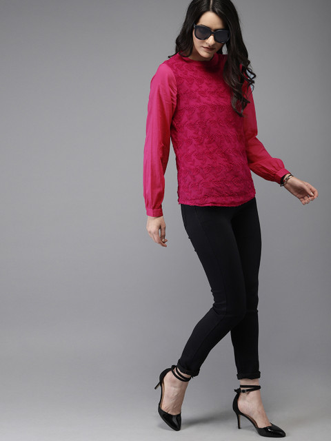 

Moda Rapido Women Pink Self-Design Lace Pure Cotton Top