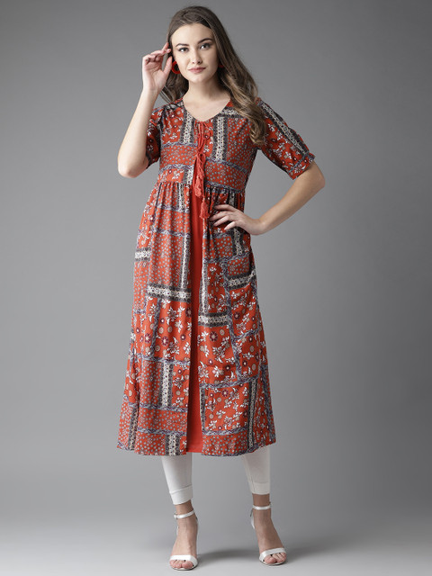 

Moda Rapido Women Rust Orange Solid A-Line Kurta with Ethnic Jacket