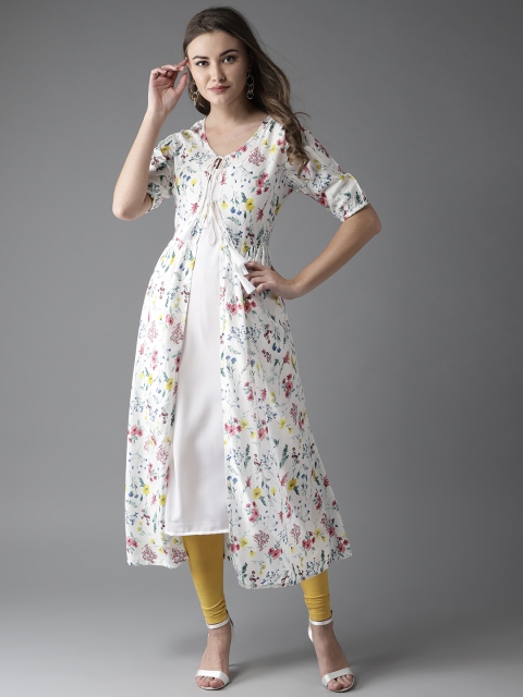 

Moda Rapido Women White Solid A-Line Kurta with Floral Print Layer