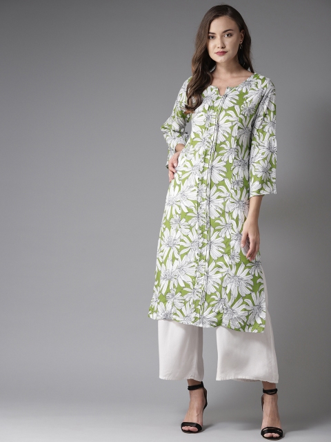 

Moda Rapido Women White & Green Printed Straight Kurta