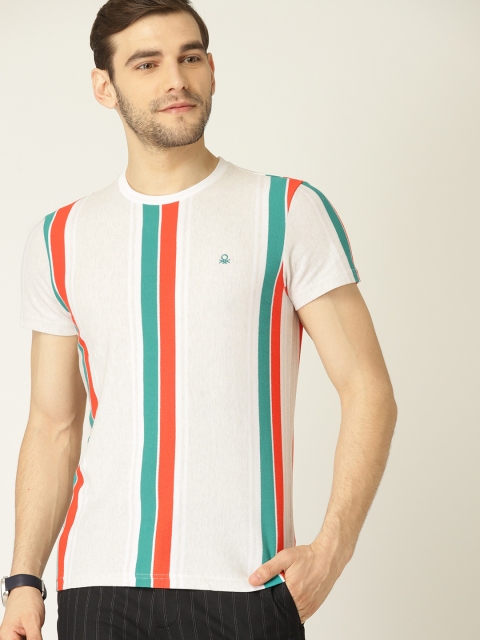 

United Colors of Benetton Men Grey Melange & Orange Striped Round Neck T-shirt