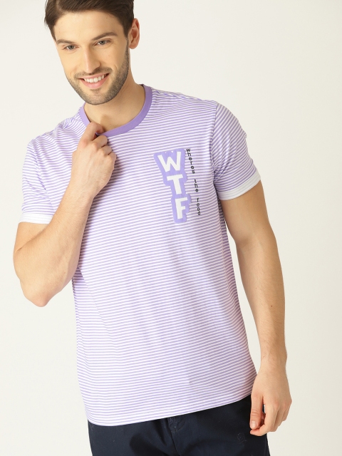 

United Colors of Benetton Men Purple & White Striped Round Neck T-shirt