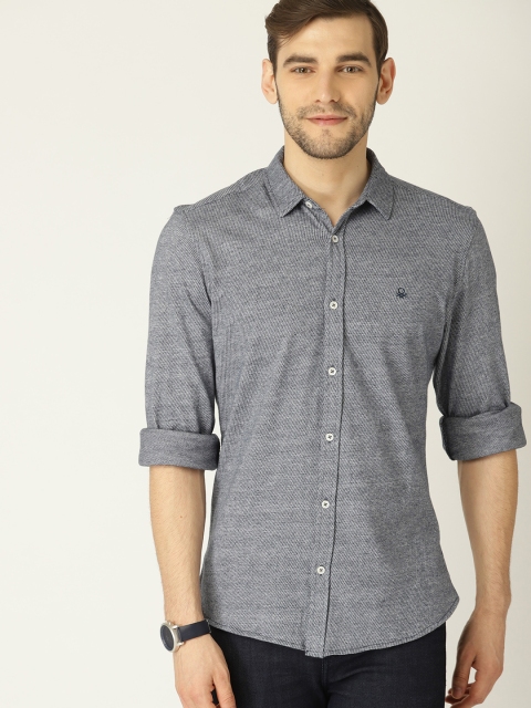 

United Colors of Benetton Men Navy Blue Regular Fit Striped Casual Shirt