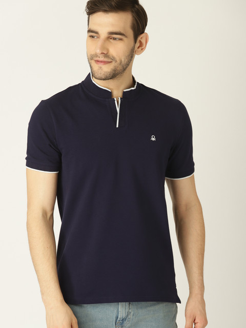 

United Colors of Benetton Men Navy Blue Solid Stand Collar T-shirt