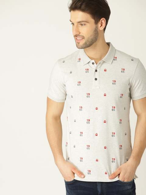 

United Colors of Benetton Men Grey Melange Embroidered Polo Collar T-shirt