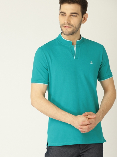 

United Colors of Benetton Men Blue Solid Stand Collar T-shirt