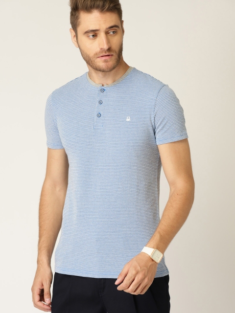 

United Colors of Benetton Men Blue & Grey Self-Design Henley Neck T-shirt