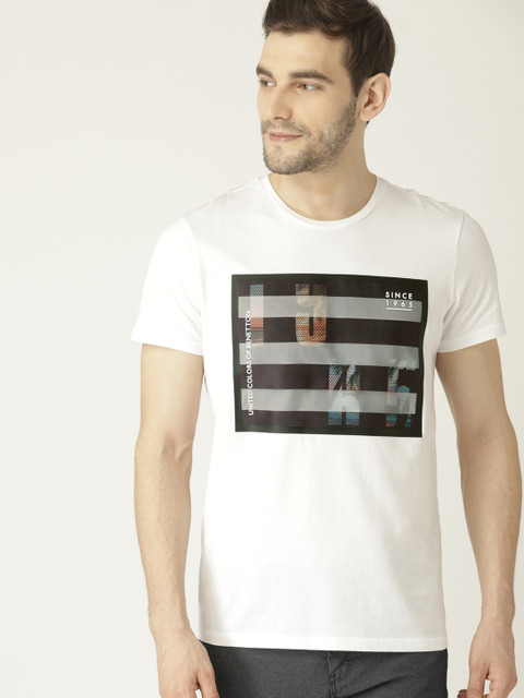 

United Colors of Benetton Men White Printed Round Neck T-shirt