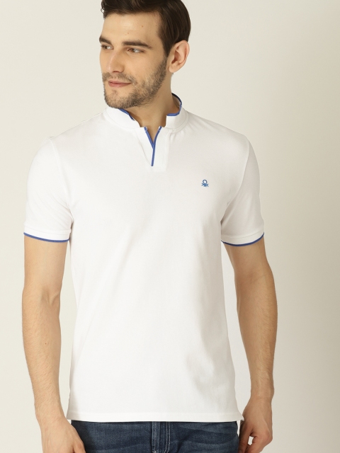 

United Colors of Benetton Men White Solid Stand Collar T-shirt