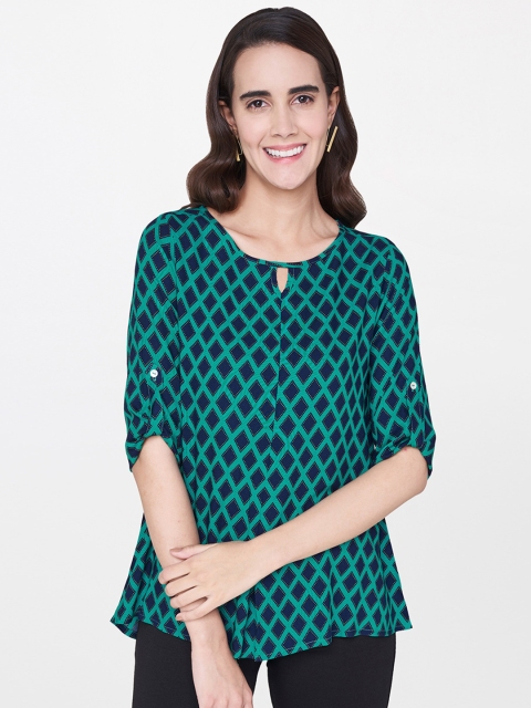 

Global Desi Women Green & Navy Blue Printed Top