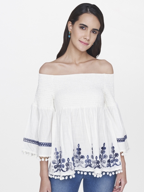 

Global Desi Women White Embroidered Bardot Top