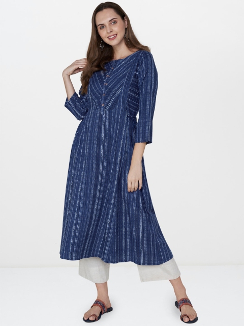 

Global Desi Women Navy Blue & White Striped Straight Kurta
