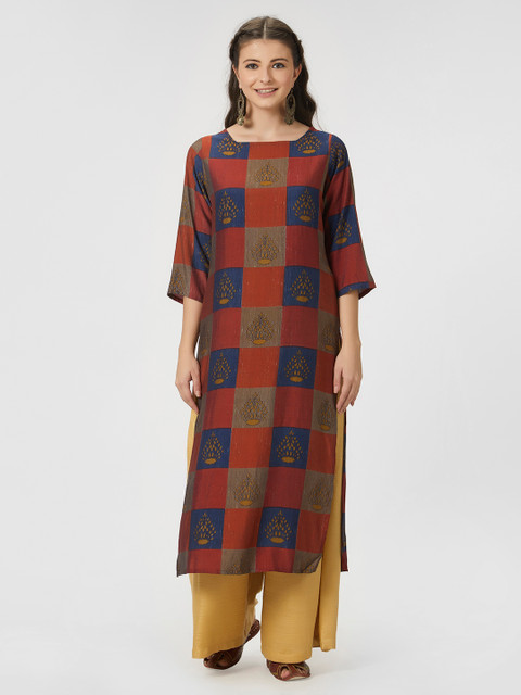 

breya Women Red & Blue Printed Straight Kurta