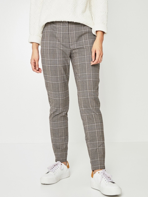 

promod Women Grey Slim Fit Checked Regular Trousers