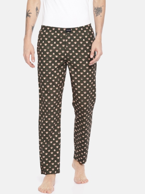 

Jack & Jones Men Olive Green & Brown Printed Lounge Pants 2057260005