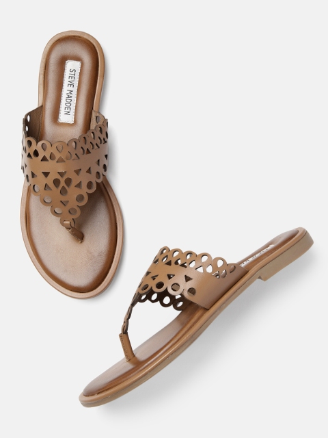 

Steve Madden Women Tan Brown Solid Leather T-Strap Flats