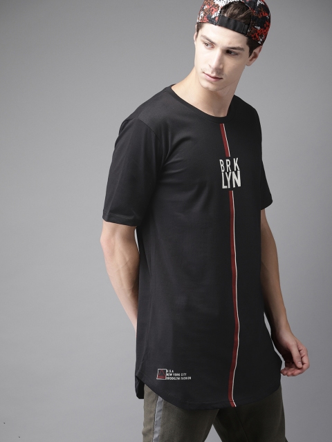 

Moda Rapido Men Black Printed Round Neck Longline T-shirt