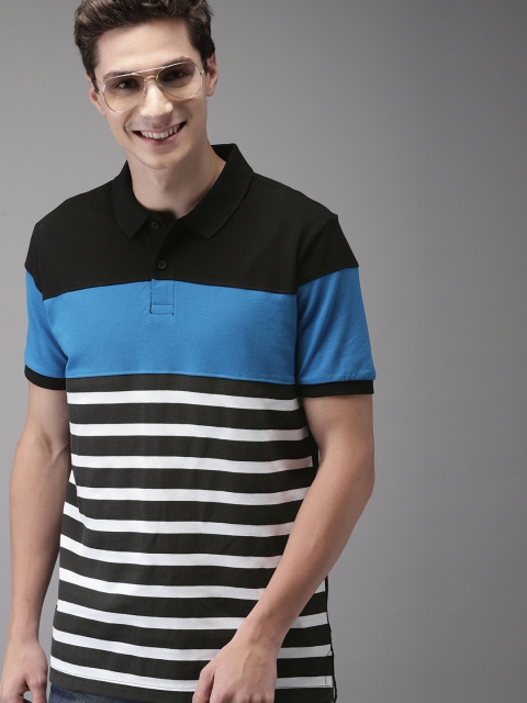 

HERE&NOW Men Blue & Black Colourblocked Polo Collar T-shirt