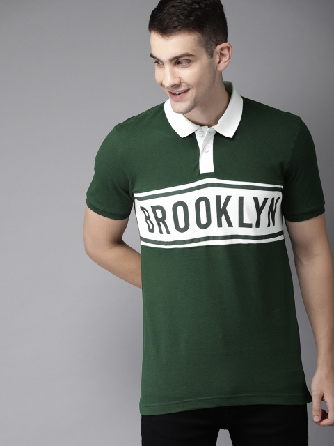 

HERE&NOW Men Green & White Printed Polo Collar T-shirt