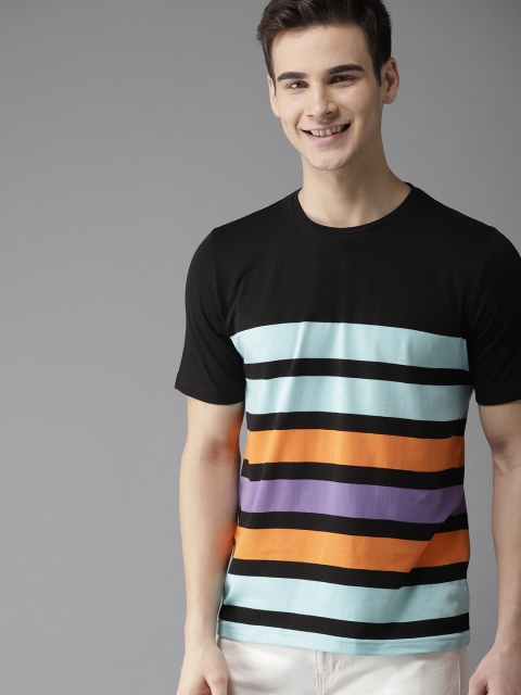 

HERE&NOW Men Black & Blue Striped Round Neck T-shirt