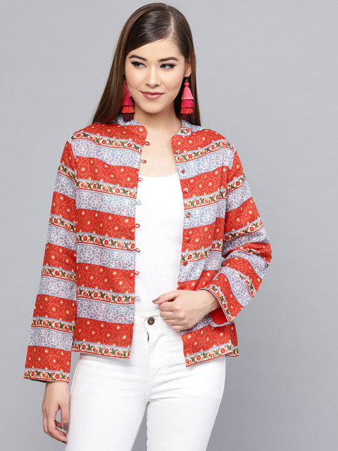 

RARE ROOTS Women Red & Grey Printed Ethnic Jacket